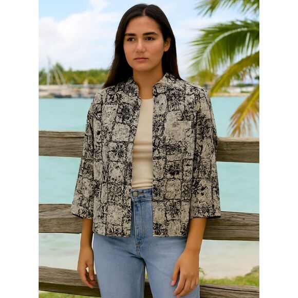 Habitat 100% Linen Button Down Shirt Womens Size L Floral Garden Girl Lagenlook - Picture 1 of 15